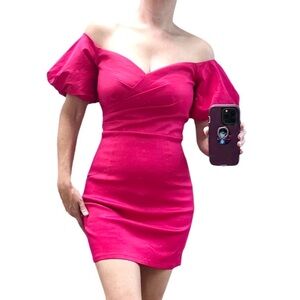 Lulu’s Such Refinement Hot Pink Fuchsia Puff Sleeve Off The Shoulder Mini Dress